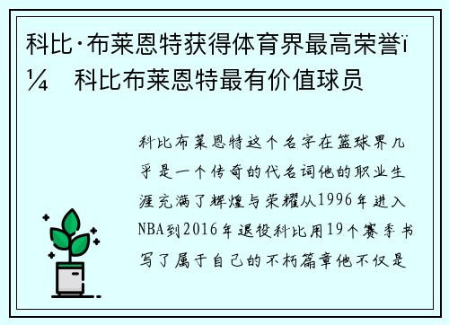 科比·布莱恩特获得体育界最高荣誉，科比布莱恩特最有价值球员