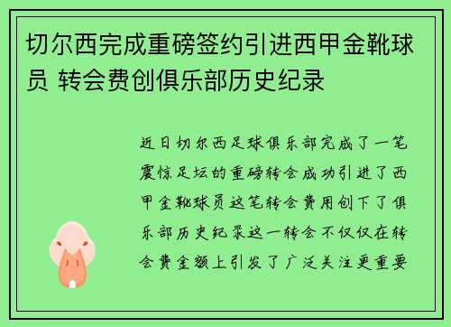 切尔西完成重磅签约引进西甲金靴球员 转会费创俱乐部历史纪录