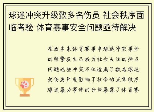 球迷冲突升级致多名伤员 社会秩序面临考验 体育赛事安全问题亟待解决