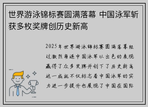世界游泳锦标赛圆满落幕 中国泳军斩获多枚奖牌创历史新高