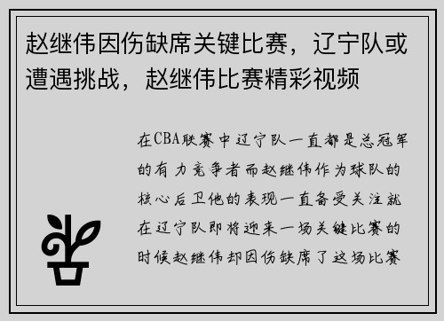 赵继伟因伤缺席关键比赛，辽宁队或遭遇挑战，赵继伟比赛精彩视频