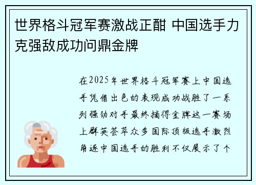 世界格斗冠军赛激战正酣 中国选手力克强敌成功问鼎金牌