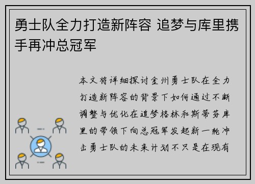 勇士队全力打造新阵容 追梦与库里携手再冲总冠军